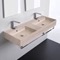 Beige Travertine Design Ceramic Wall Mounted Double Sink With Polished Chrome Towel Holder